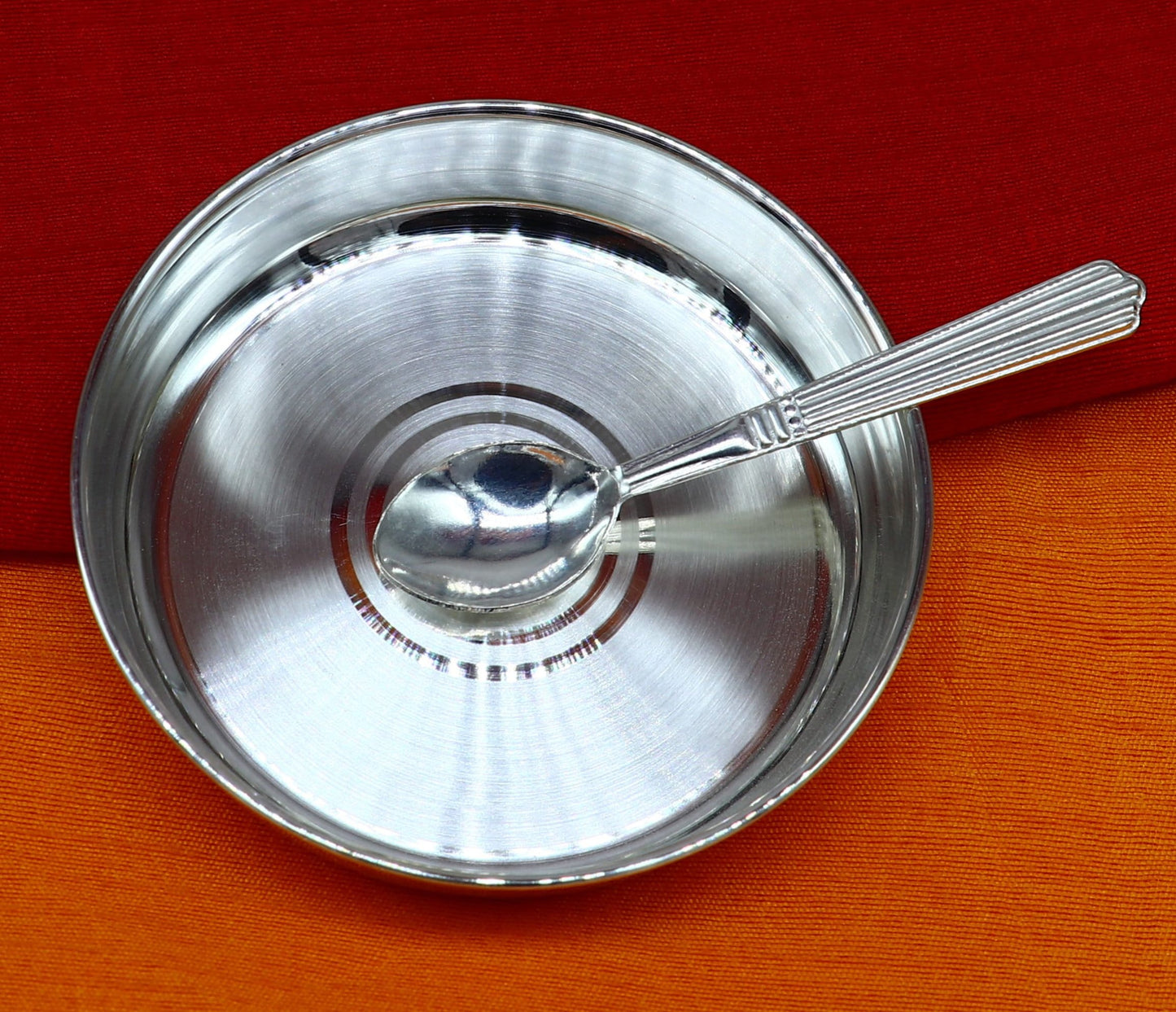 999 fine solid silver handmade tray/ plate for baby food serving, silver vessels, silver utensils,best new born baby gift india sv213 - TRIBAL ORNAMENTS