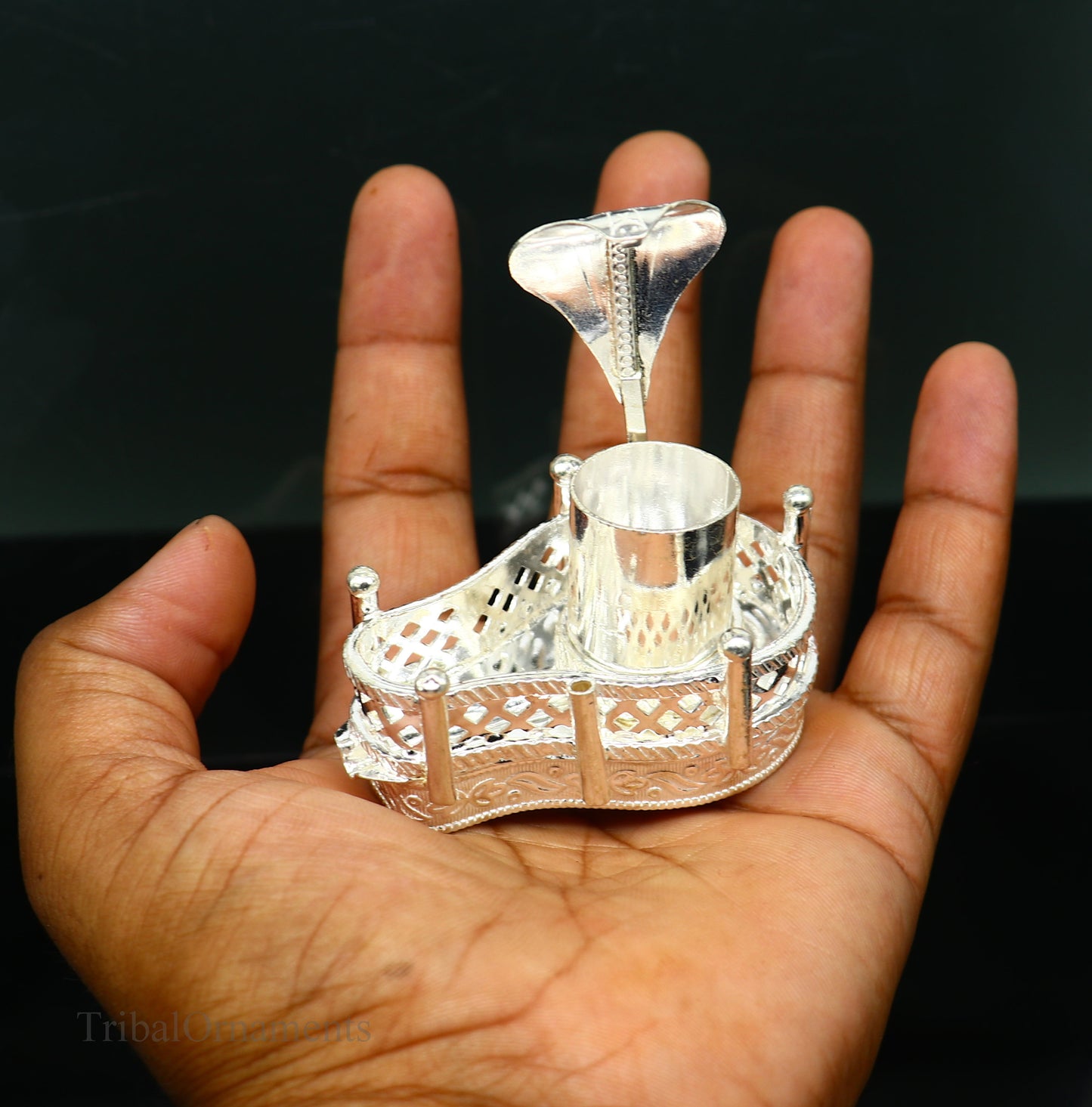 925 solid sterling silver lord shiva Mahakal lingam stand/jalheri, use for put/hold shiva lingam in home temple, handmade article su335 - TRIBAL ORNAMENTS