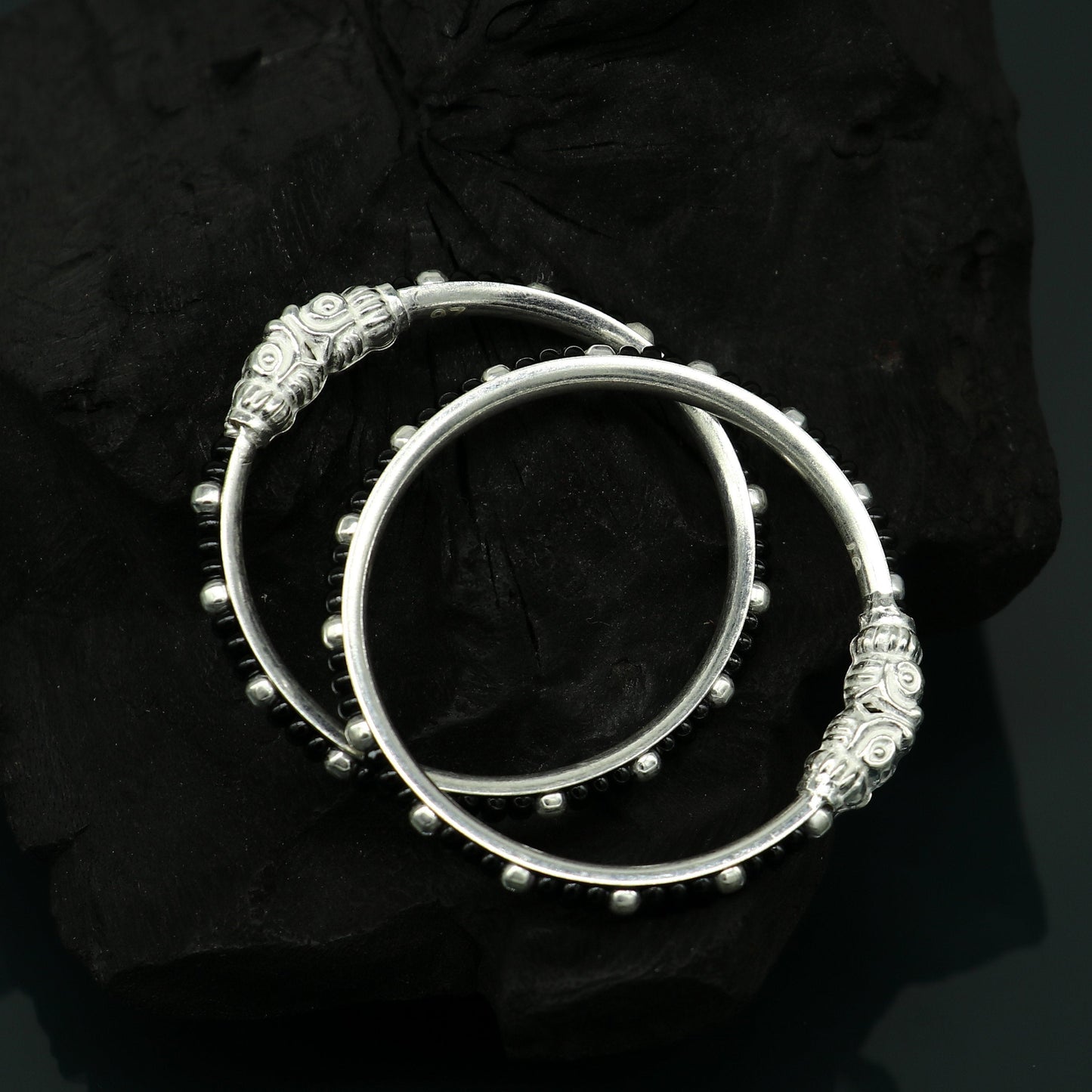 Trendy style sterling silver baby bangle nazariya, black evil eye bangle for new born baby kids, fabulous baby jewelry from india nbbk226 - TRIBAL ORNAMENTS