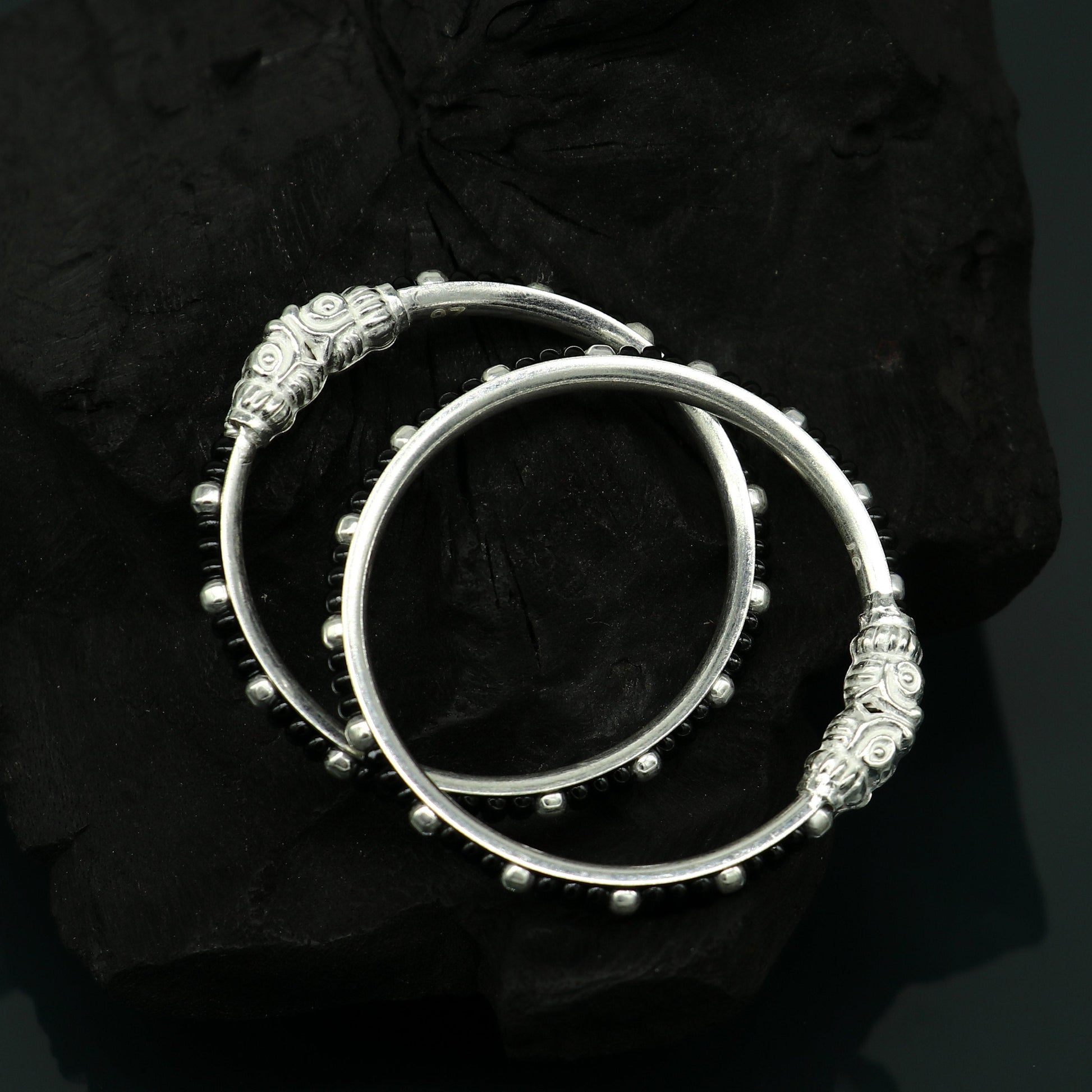 Trendy style sterling silver baby bangle nazariya, black evil eye bangle for new born baby kids, fabulous baby jewelry from india nbbk226 - TRIBAL ORNAMENTS