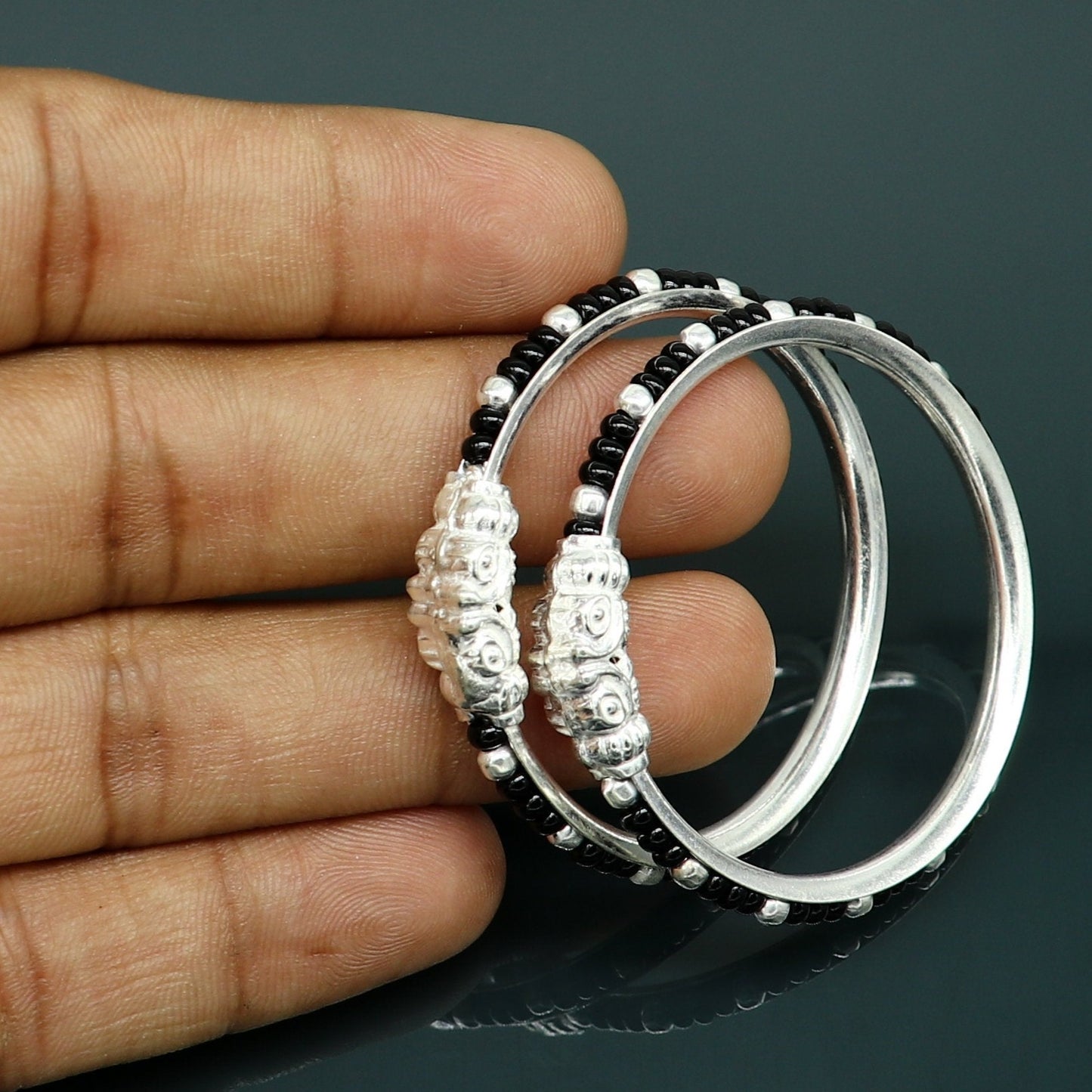 Vintage style handmade crocodile face sterling silver bangle bracelet silver beads customized evil eye nazariya tribal kids jewelry nbbk228 - TRIBAL ORNAMENTS