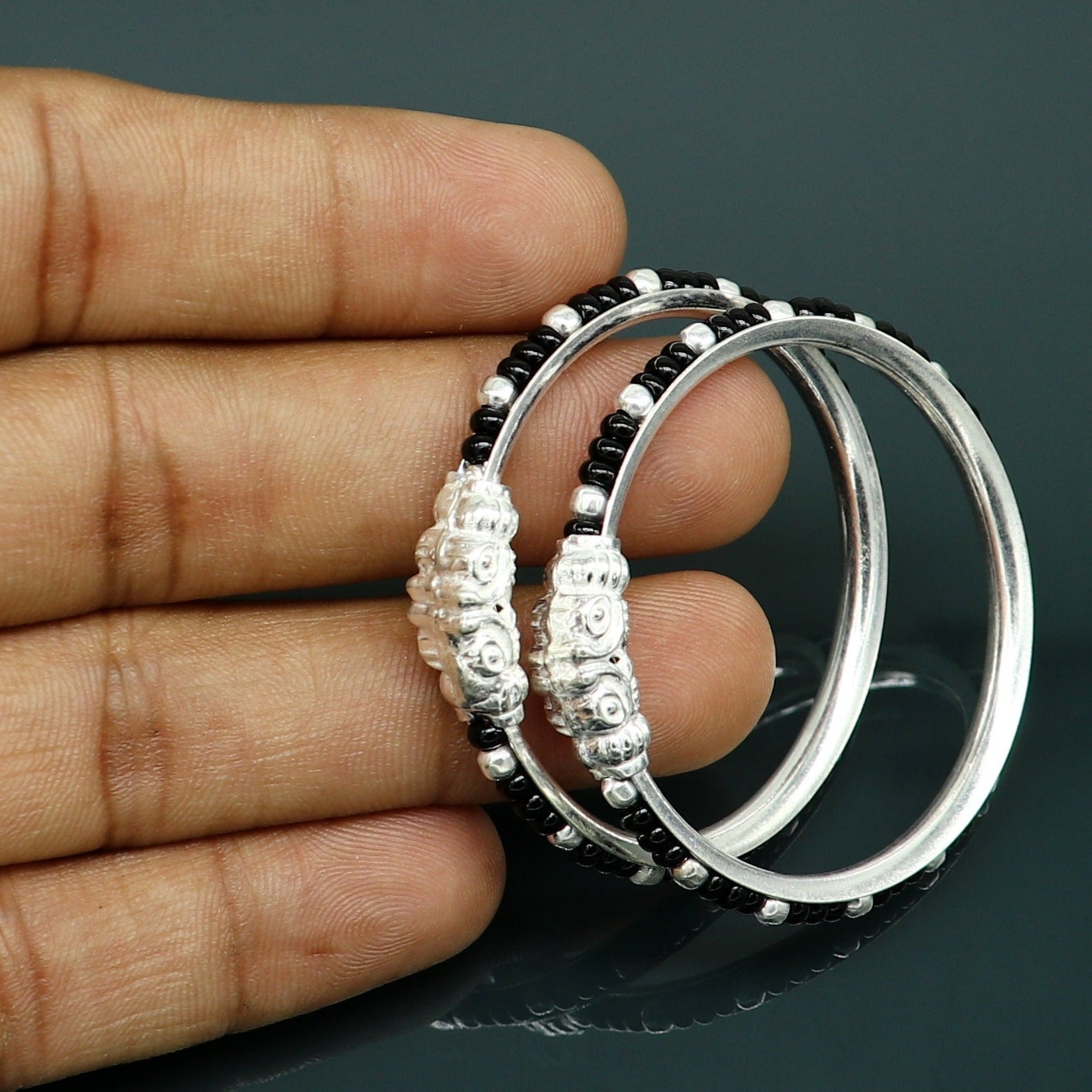 Vintage style handmade crocodile face sterling silver bangle bracelet silver beads customized evil eye nazariya tribal kids jewelry nbbk228 - TRIBAL ORNAMENTS