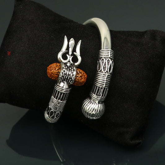 925 Sterling silver handmade plain shiny Lord Shiva trident trishul kada bangle bracelet with natural Rudraksha customized kada nssk417 - TRIBAL ORNAMENTS