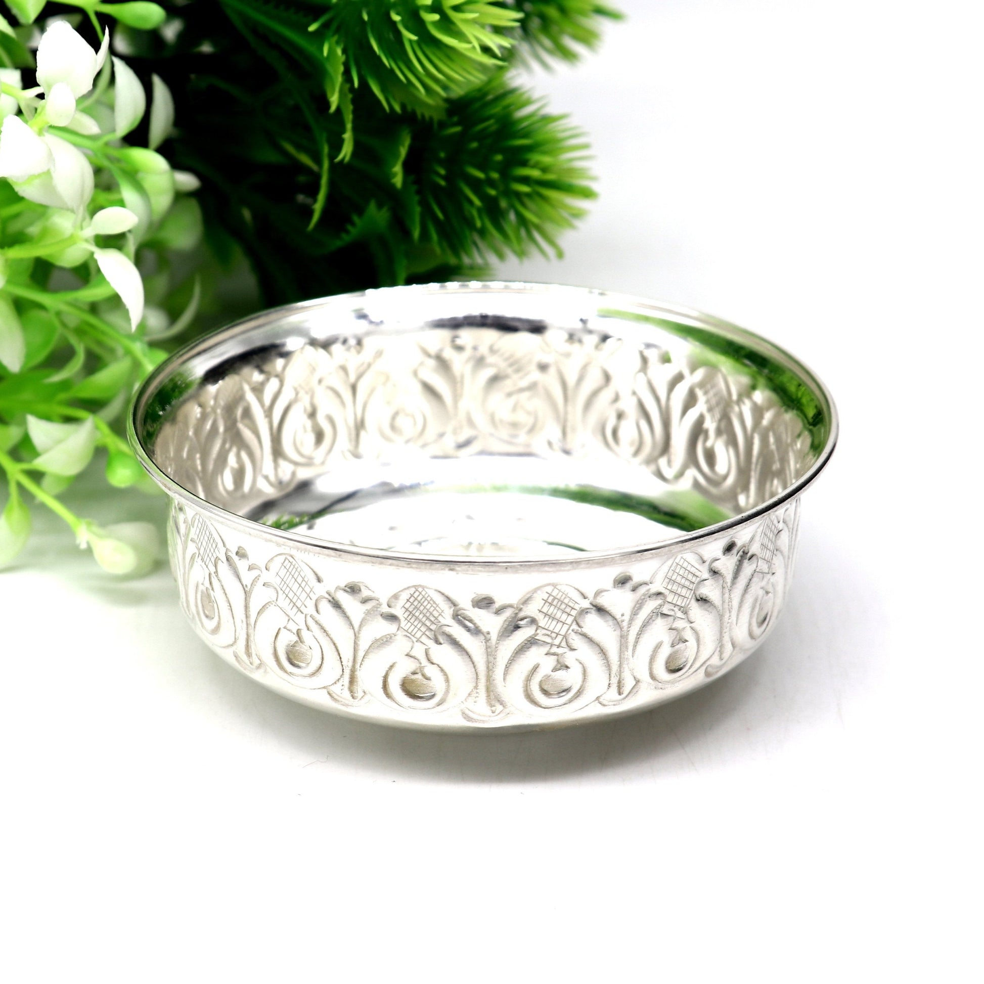 999 fine silver handmade kandrai nakshi work bowl, silver puja vessel, silver worshipping/puja utensils prasad bowl baby bowl sv216 - TRIBAL ORNAMENTS