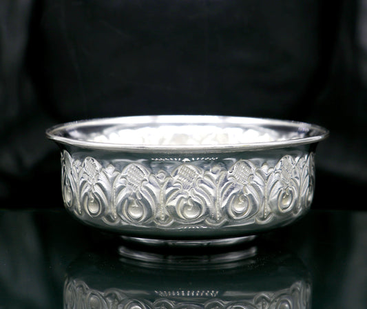 999 fine silver handmade kandrai nakshi work bowl, silver puja vessel, silver worshipping/puja utensils prasad bowl baby bowl sv216 - TRIBAL ORNAMENTS