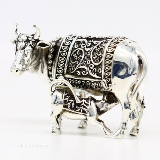 Divine cow with calf 925 sterling silver vintage Nakshi work design Kamdhenu cow, deity's cow, wishing cow, silver worshipping puja stb120 - TRIBAL ORNAMENTS
