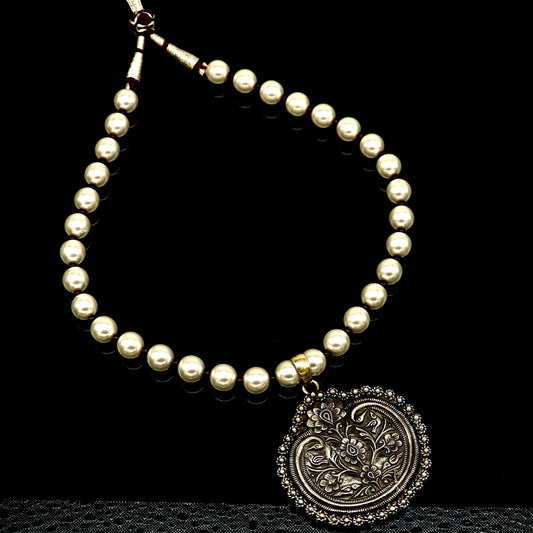 925 sterling silver handmade beautiful floral design pendant with gorgeous 8mm pearl tribal necklace, wedding stylish brides gift set201 - TRIBAL ORNAMENTS