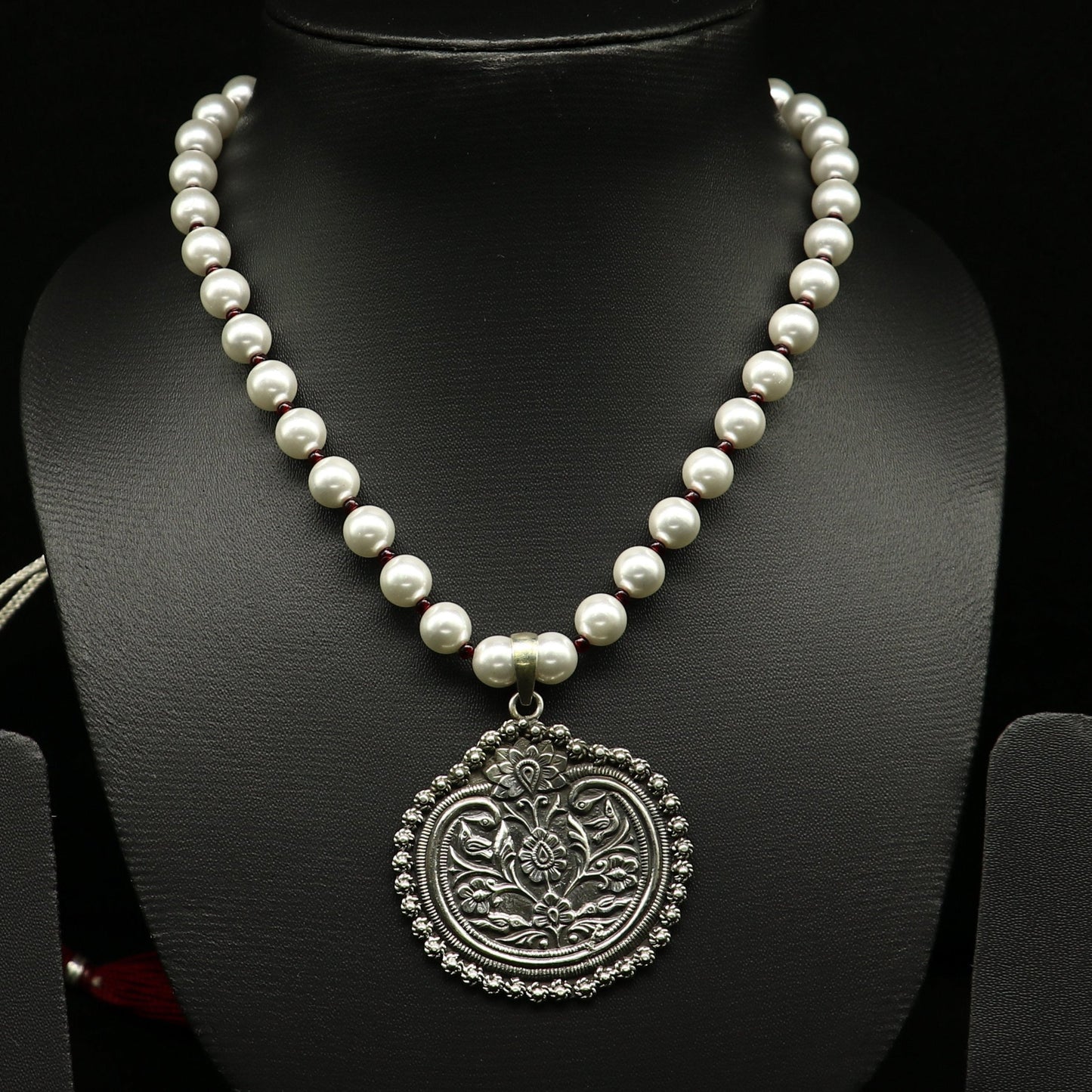 925 sterling silver handmade beautiful floral design pendant with gorgeous 8mm pearl tribal necklace, wedding stylish brides gift set201 - TRIBAL ORNAMENTS