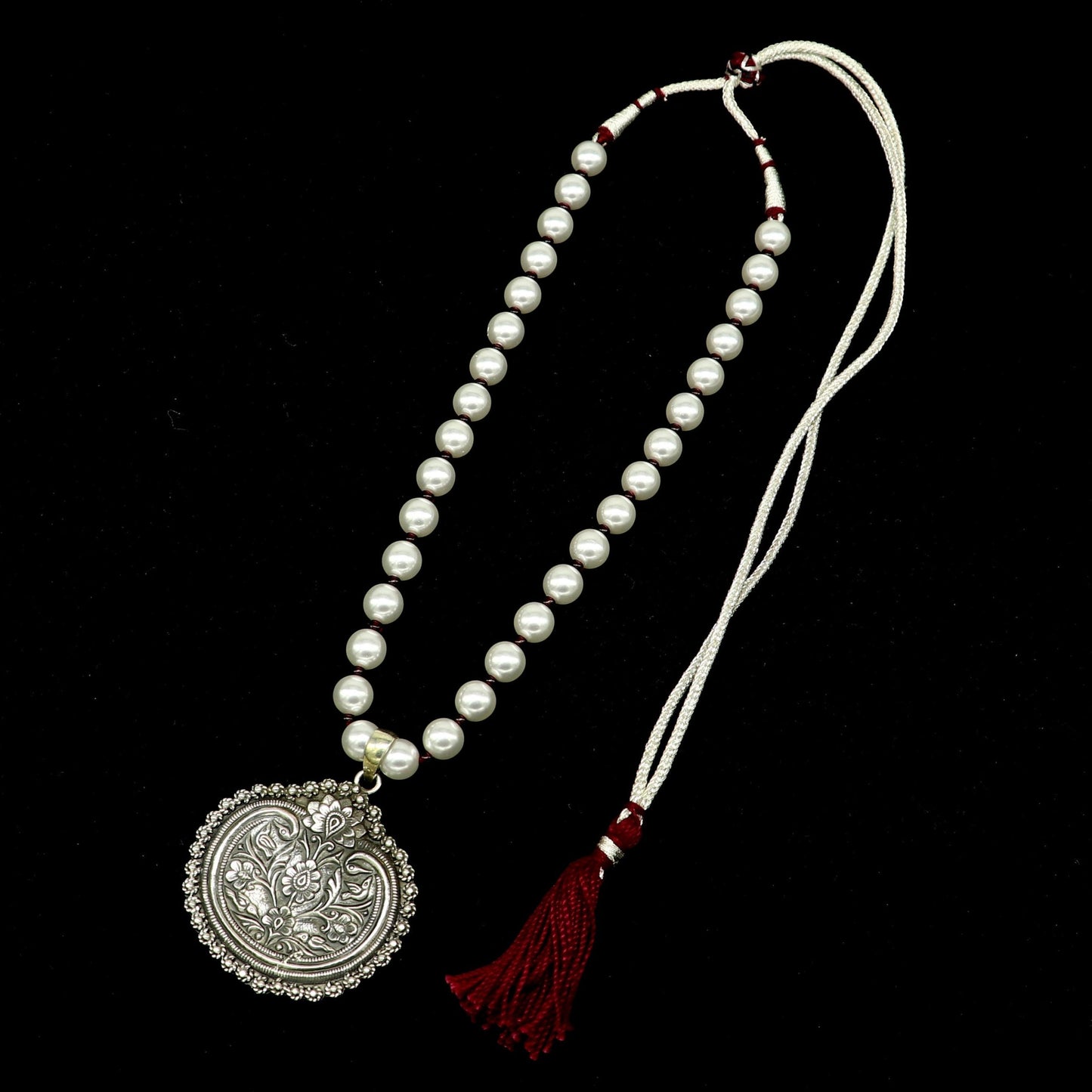 925 sterling silver handmade beautiful floral design pendant with gorgeous 8mm pearl tribal necklace, wedding stylish brides gift set201 - TRIBAL ORNAMENTS