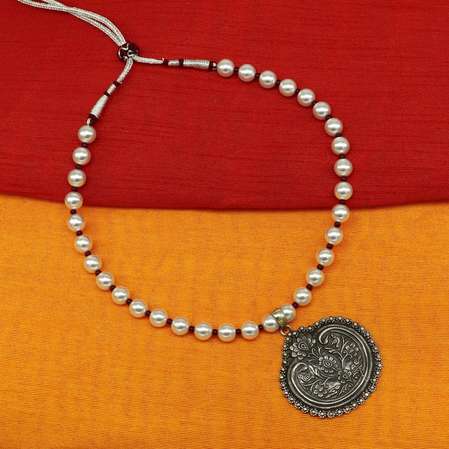 925 sterling silver handmade beautiful floral design pendant with gorgeous 8mm pearl tribal necklace, wedding stylish brides gift set201 - TRIBAL ORNAMENTS