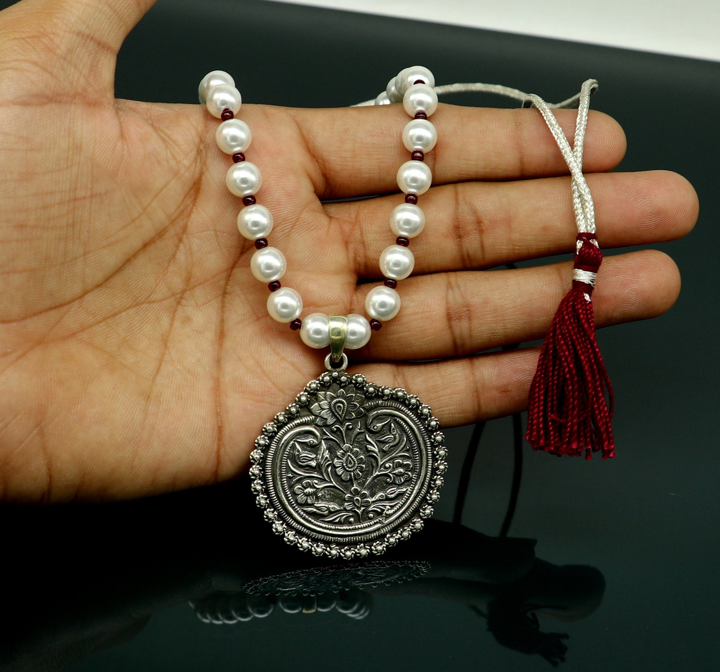 925 sterling silver handmade beautiful floral design pendant with gorgeous 8mm pearl tribal necklace, wedding stylish brides gift set201 - TRIBAL ORNAMENTS