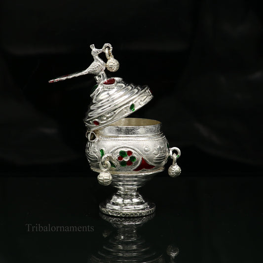 925 sterling silver handmade enamel design vintage trinket box Krishna Prasadam serving box , brides accessories, kumkum sindur box stb158 - TRIBAL ORNAMENTS