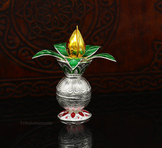 Solid sterling silver handmade vintage design puja kalash with silver coconuts and leaf, excellent home temple article worshipping su360 - TRIBAL ORNAMENTS
