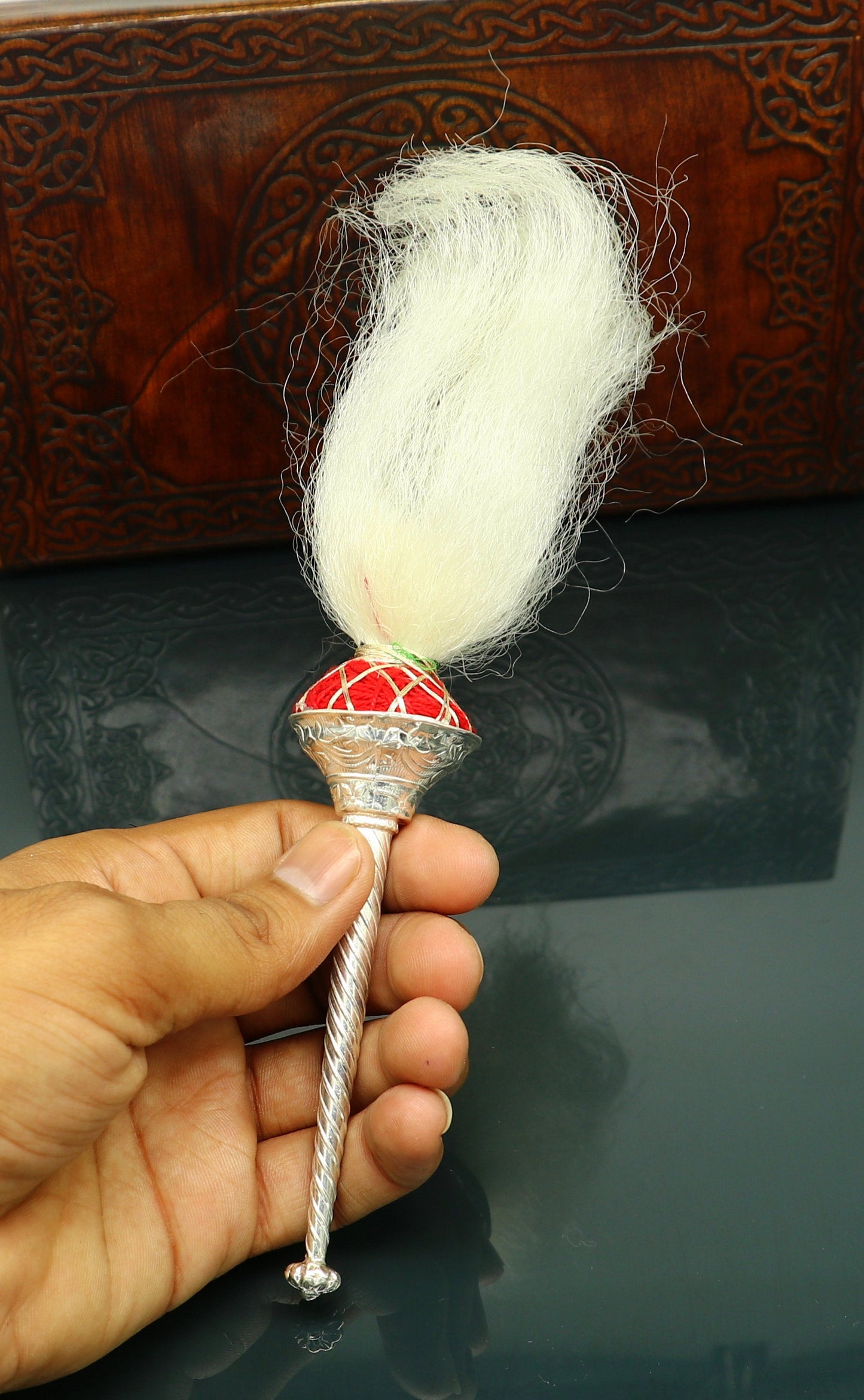 Vintage style Sterling silver handmade puja chanwar chaur with original yalk cow hair, worshipping fan for idols, home temple article cvr - TRIBAL ORNAMENTS