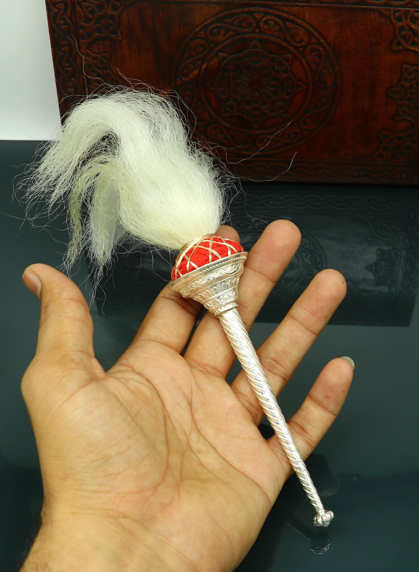 10 inches Vintage style Sterling silver handmade puja chanwar chaur original yalk hair, worshipping fan for idols, home temple article cvr02 - TRIBAL ORNAMENTS