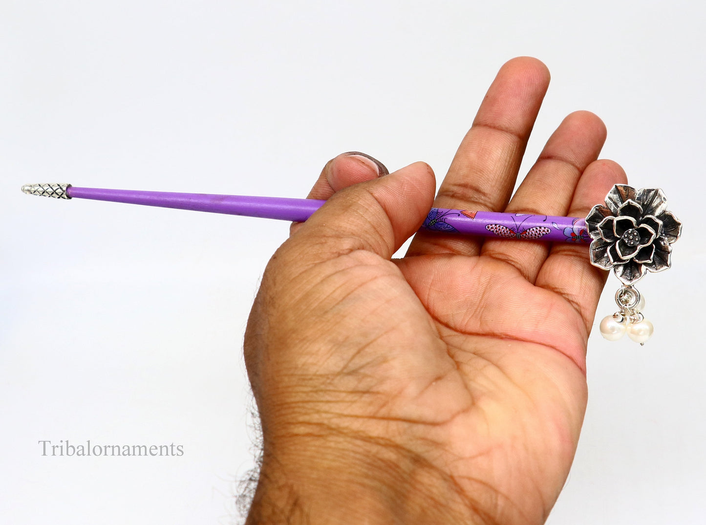 925 sterling silver customized rose flower design hair pin with wooden painted stick amazing hair jewelry brides gifting hc10 - TRIBAL ORNAMENTS