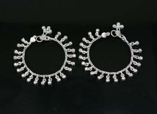 5" long Vintage design sterling silver handmade amazing waved noisy hanging drops bells baby anklet, ankle bracelet, charm bracelet ank430 - TRIBAL ORNAMENTS