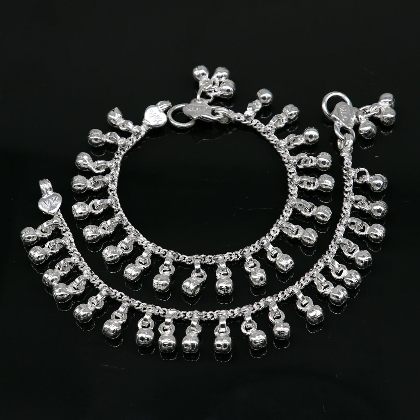 5" long Vintage design sterling silver handmade amazing waved noisy hanging drops bells baby anklet, ankle bracelet, charm bracelet ank430 - TRIBAL ORNAMENTS