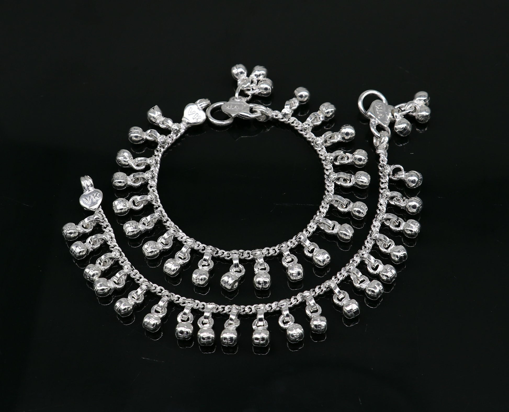 5" long Vintage design sterling silver handmade amazing waved noisy hanging drops bells baby anklet, ankle bracelet, charm bracelet ank430 - TRIBAL ORNAMENTS