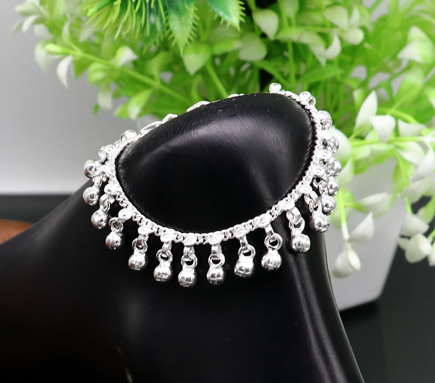 5.5" long Vintage design sterling silver handmade amazing waved noisy hanging drops bells baby anklet, ankle bracelet, charm bracelet ank428 - TRIBAL ORNAMENTS