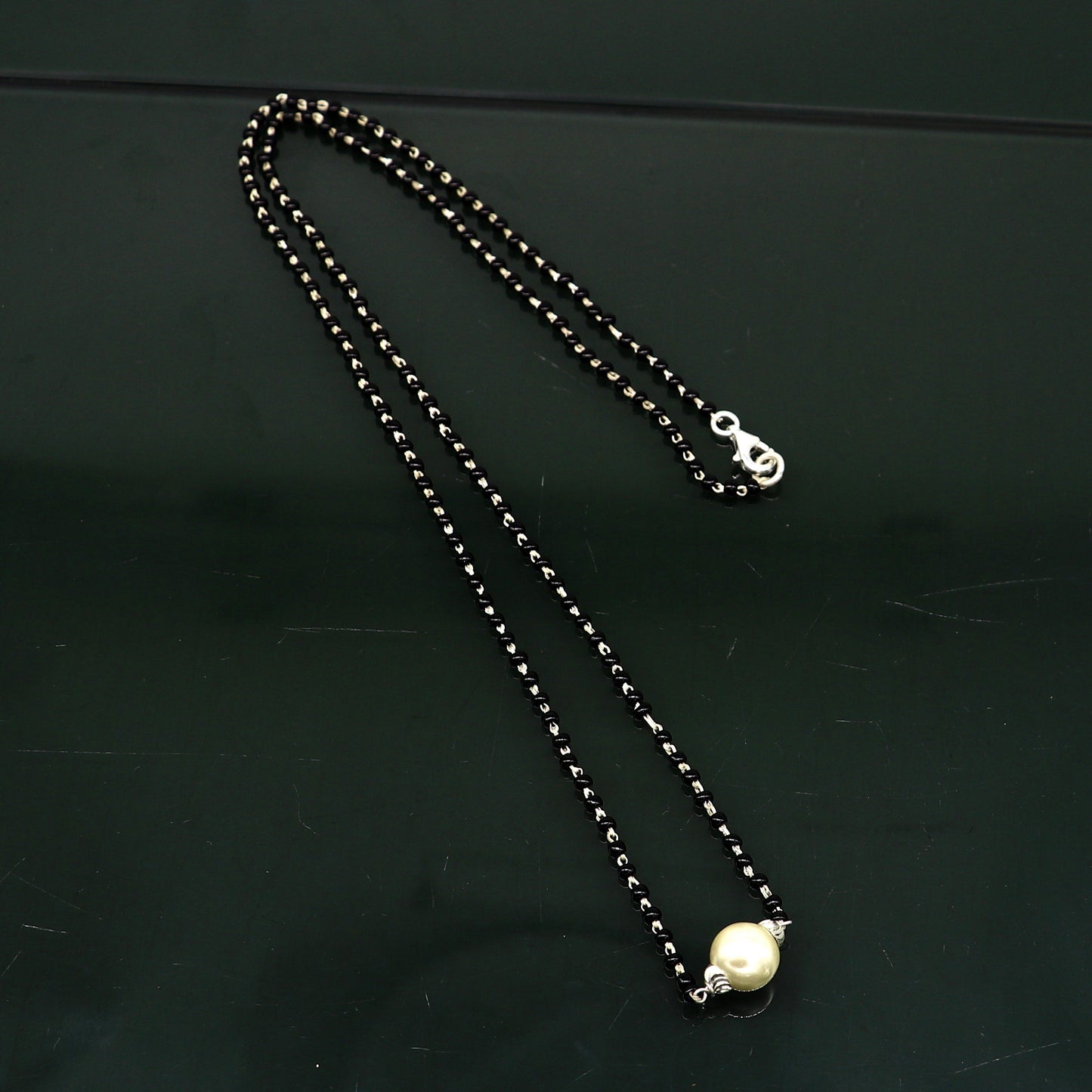 Pure 925 sterling silver black beads chain necklace, vintage white pearl pendant, traditional style brides Mangalsutra necklace set214 - TRIBAL ORNAMENTS