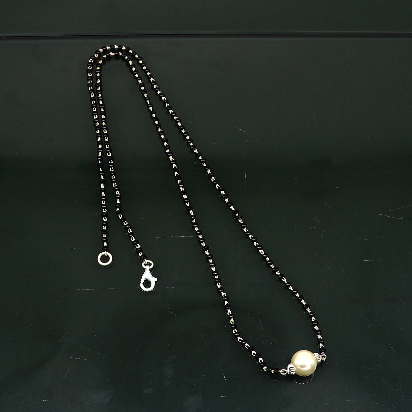 Pure 925 sterling silver black beads chain necklace, vintage white pearl pendant, traditional style brides Mangalsutra necklace set214 - TRIBAL ORNAMENTS