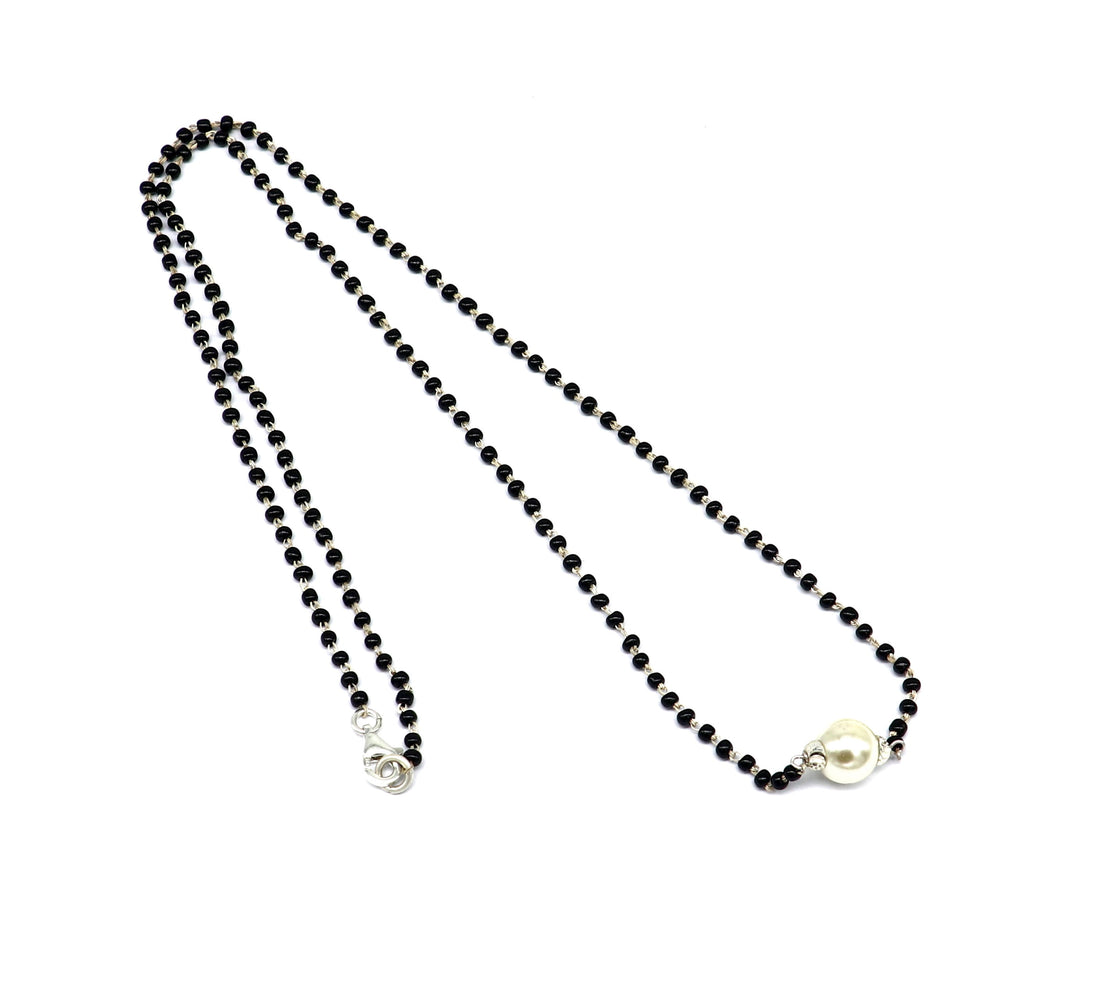 Pure 925 sterling silver black beads chain necklace, vintage white pearl pendant, traditional style brides Mangalsutra necklace set214 - TRIBAL ORNAMENTS