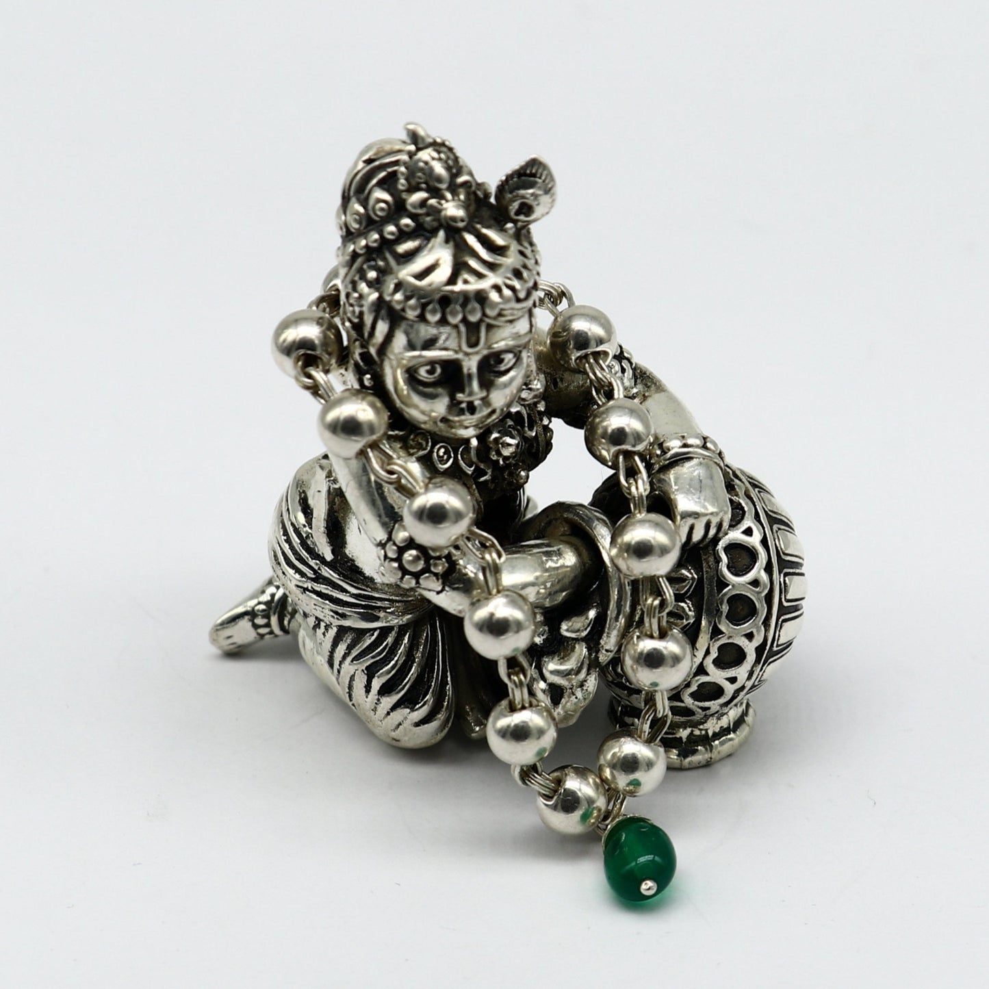 4" inches long handmade sterling silver beaded bracelet or necklace for baby krishna figurine or sculpture, best puja tulsi neckace sbr223 - TRIBAL ORNAMENTS