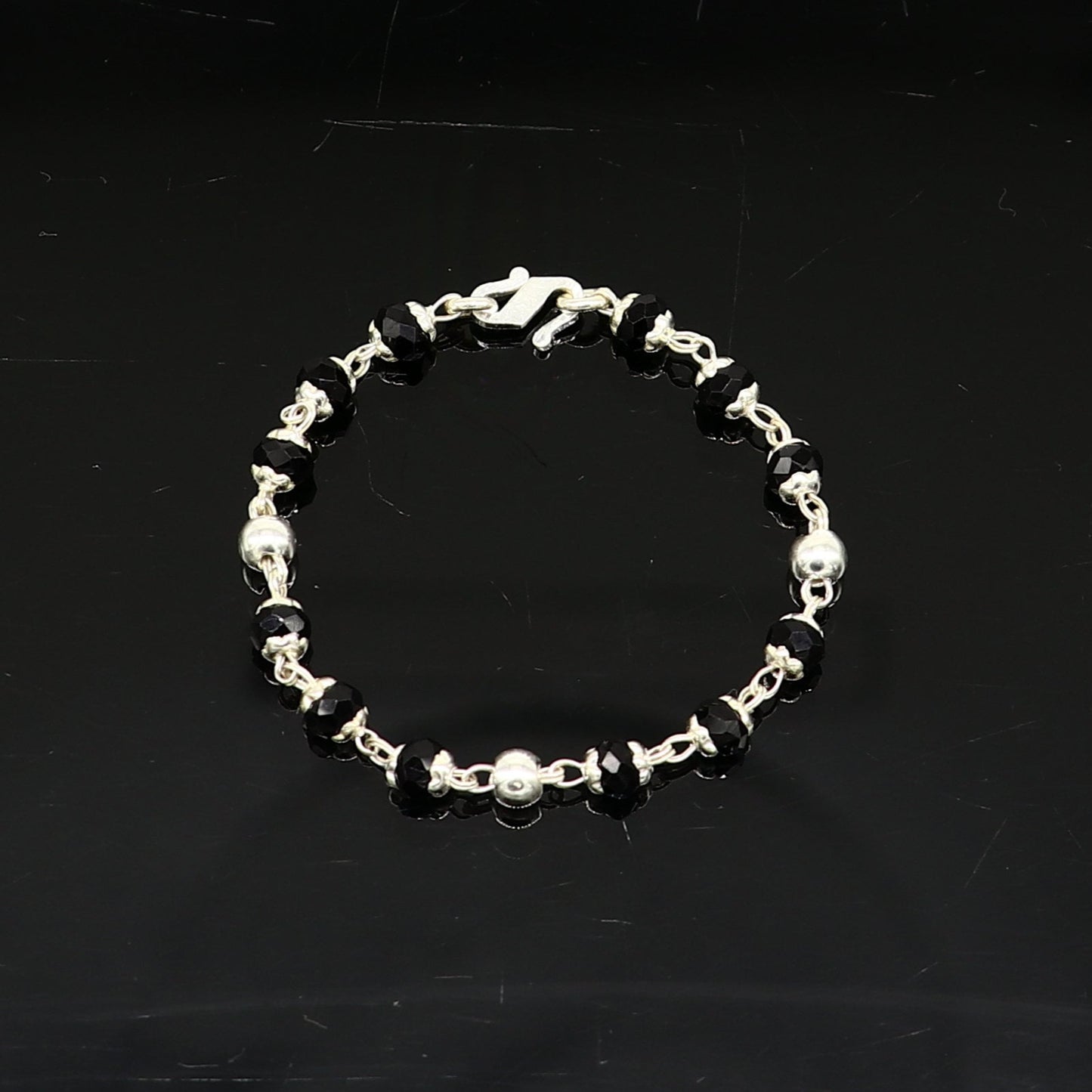 4.5" inches long handmade sterling silver beaded bracelet or necklace for baby krishna figurine or sculpture, best puja necklace sbr226 - TRIBAL ORNAMENTS