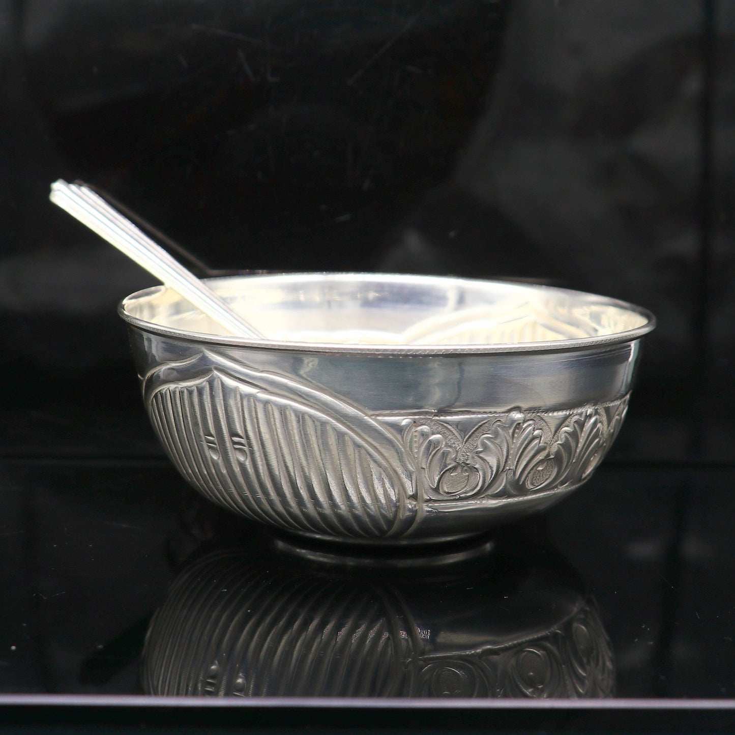999 fine silver exclusive handcrafted work baby bowl and spoon set, puja utensils, silver article, silver utensils, silver vessel baby sv210 - TRIBAL ORNAMENTS