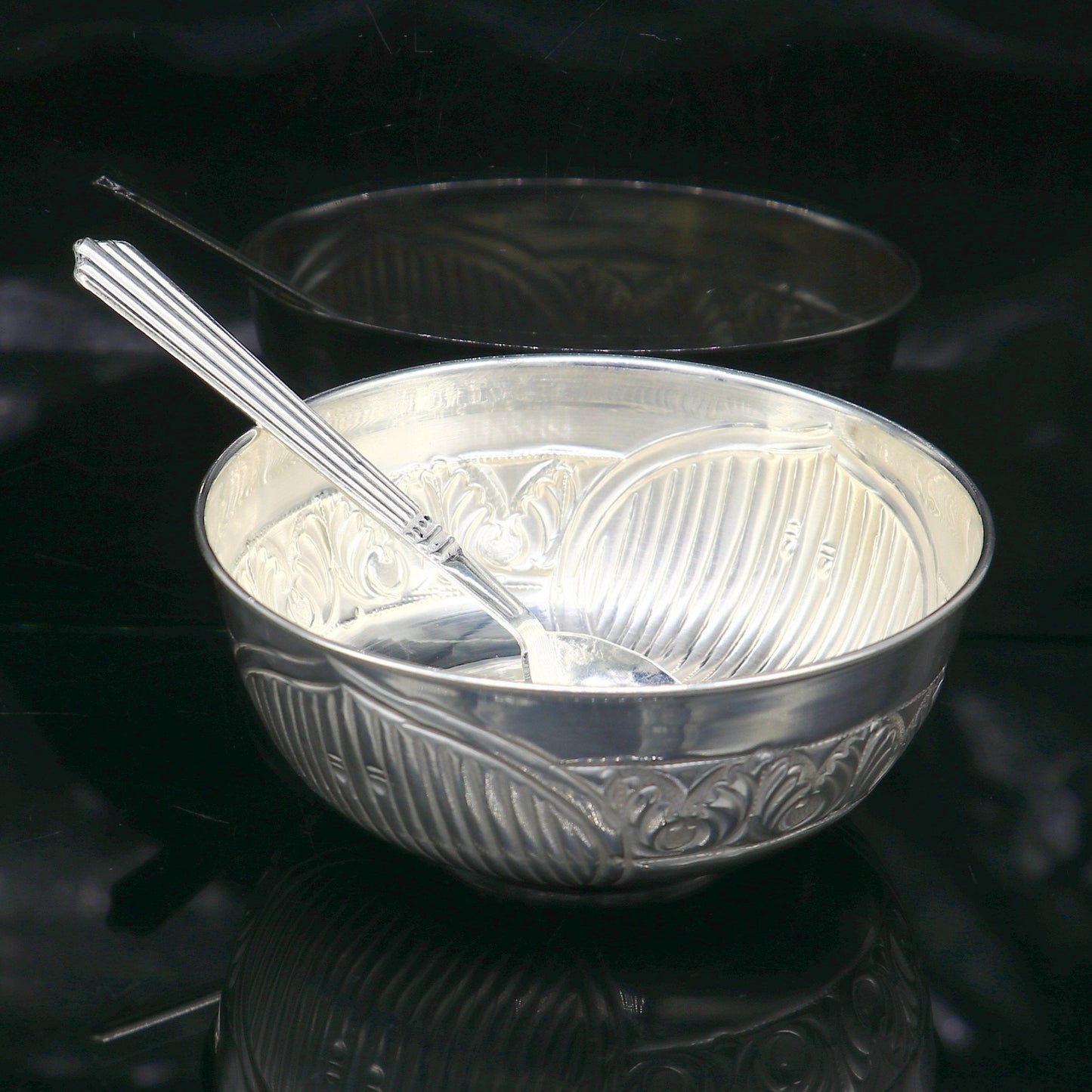999 fine silver exclusive handcrafted work baby bowl and spoon set, puja utensils, silver article, silver utensils, silver vessel baby sv210 - TRIBAL ORNAMENTS