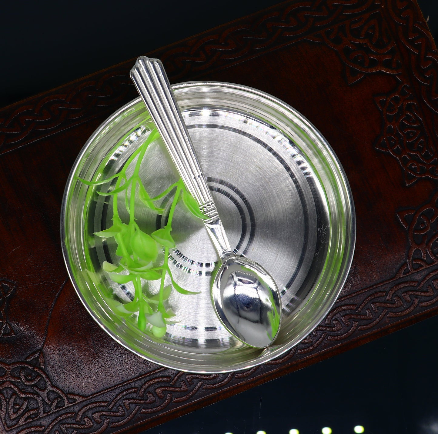 999 fine solid silver handmade tray/ plate for baby food serving, silver vessels, silver utensils,best new born baby gift india sv211 - TRIBAL ORNAMENTS