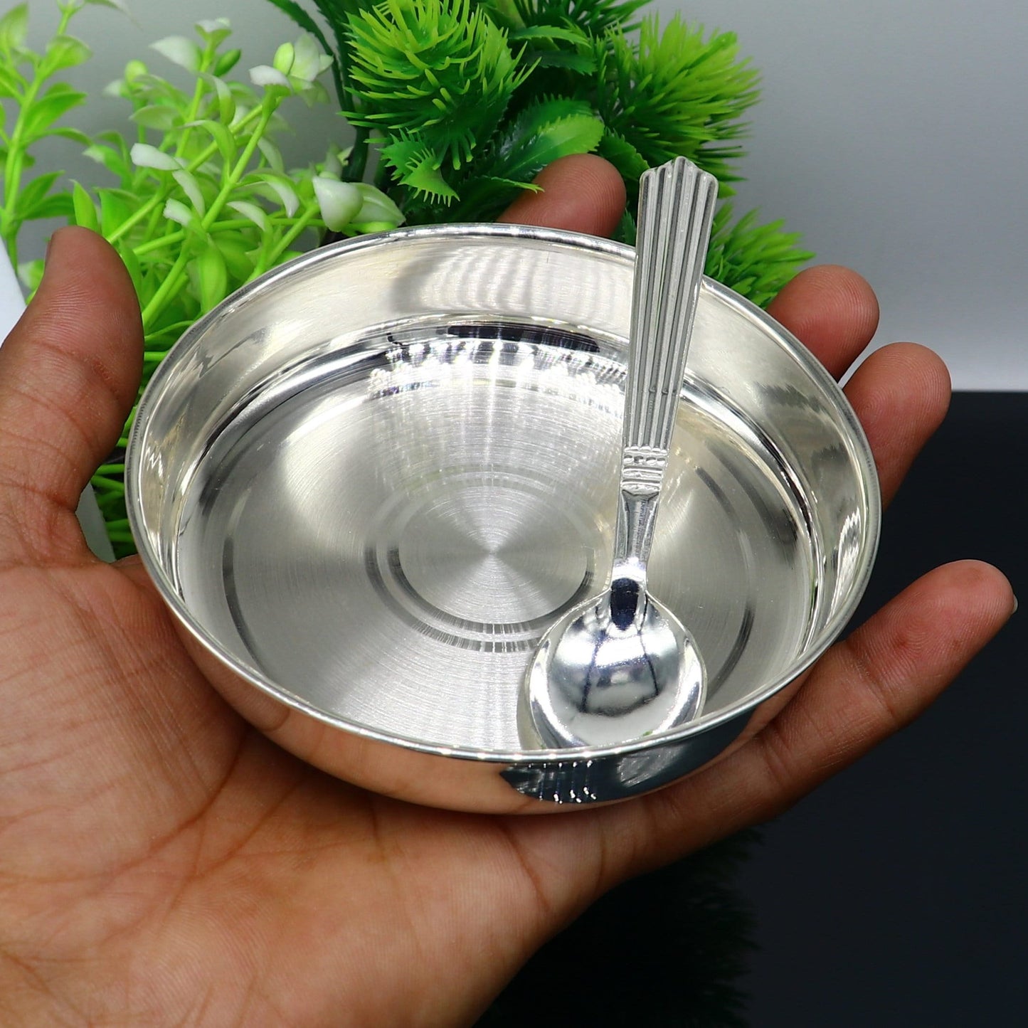 999 fine solid silver handmade tray/ plate for baby food serving, silver vessels, silver utensils,best new born baby gift india sv211 - TRIBAL ORNAMENTS