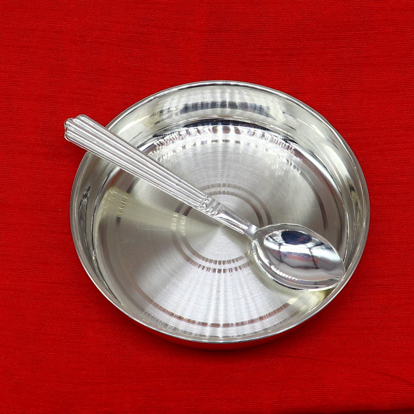 999 fine solid silver handmade tray/ plate for baby food serving, silver vessels, silver utensils,best new born baby gift india sv211 - TRIBAL ORNAMENTS