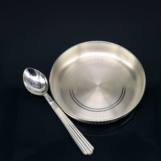 999 fine solid silver handmade tray/ plate for baby food serving, silver vessels, silver utensils,best new born baby gift india sv212 - TRIBAL ORNAMENTS