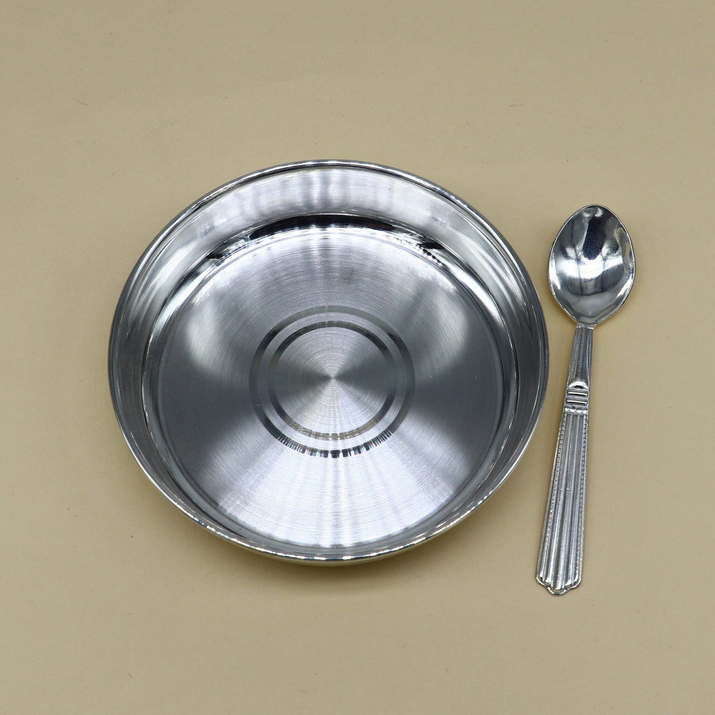 999 fine solid silver handmade tray/ plate for baby food serving, silver vessels, silver utensils,best new born baby gift india sv213 - TRIBAL ORNAMENTS