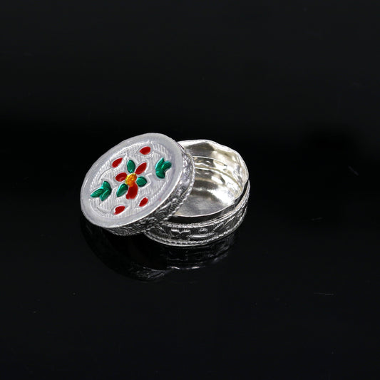 925 sterling silver handmade gorgeous oval shape small trinket box, floral enamel casket box,  gifting container box, silver article stb76 - TRIBAL ORNAMENTS