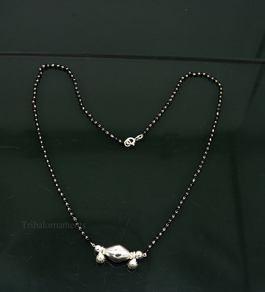925 sterling silver black beads chain necklace, gorgeous small jingling bells design pendant, traditional style chain beaded necklace set227 - TRIBAL ORNAMENTS