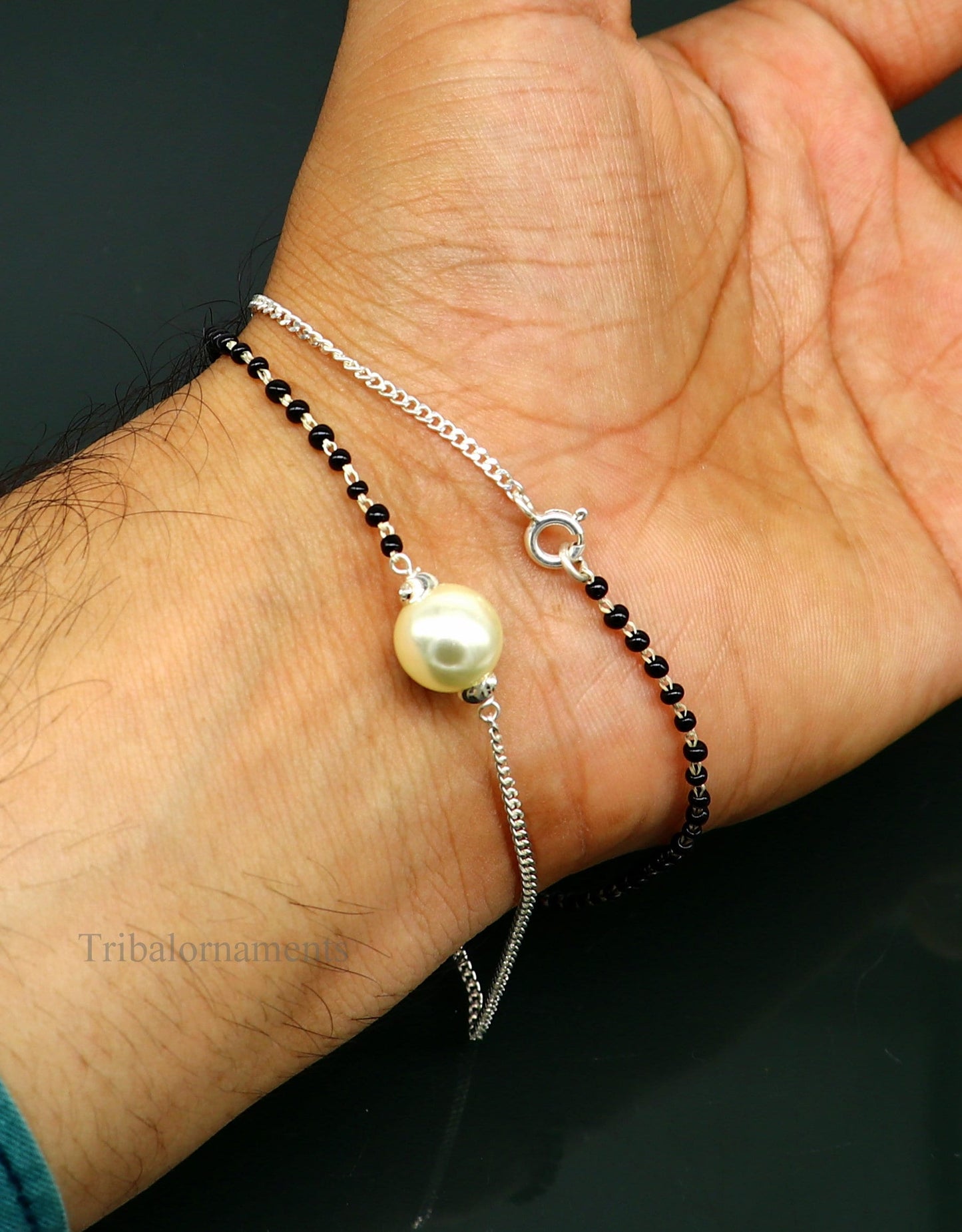 925 sterling silver black beads chain necklace, gorgeous small pearl pendant, traditional style chain beaded mangalsutra necklace set230 - TRIBAL ORNAMENTS