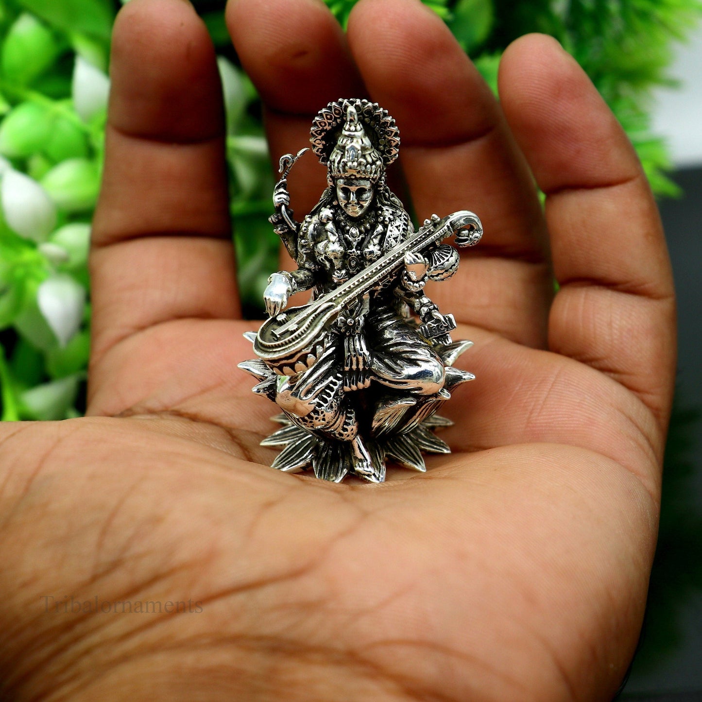 2" small 925 Sterling silver handmade customized Hindu idol Saraswati sharda maa statue, puja article figurine, home décor Articles art121 - TRIBAL ORNAMENTS