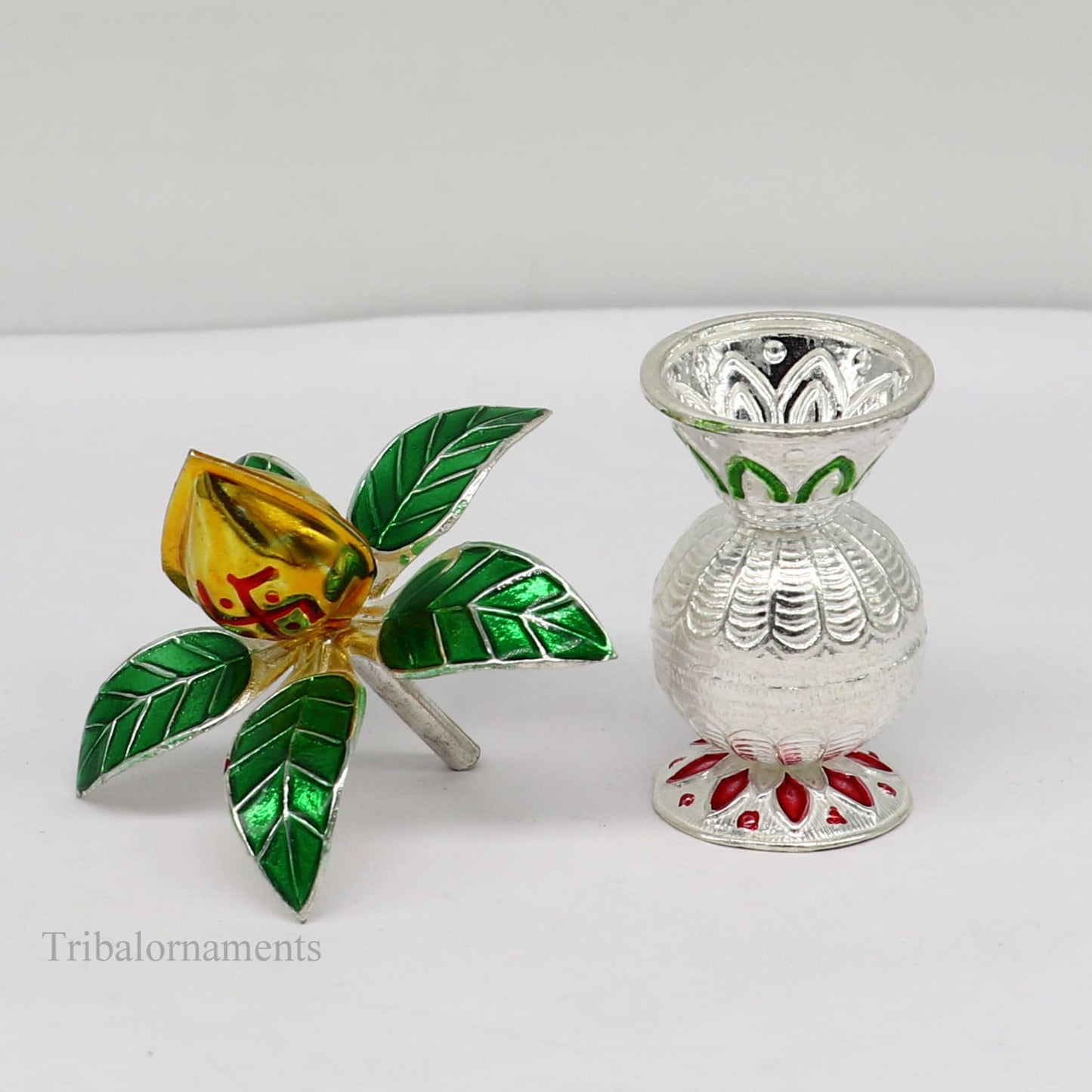 Solid sterling silver handmade vintage design puja kalash with silver coconuts and leaf, excellent home temple article worshipping su360 - TRIBAL ORNAMENTS