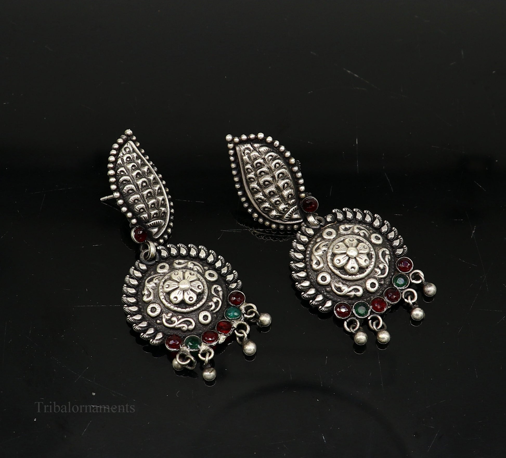 Vintage indian traditional style drop dangle stud earring, Pure 925 sterling silver floral earring best brides gifting wedding jewelry s940 - TRIBAL ORNAMENTS