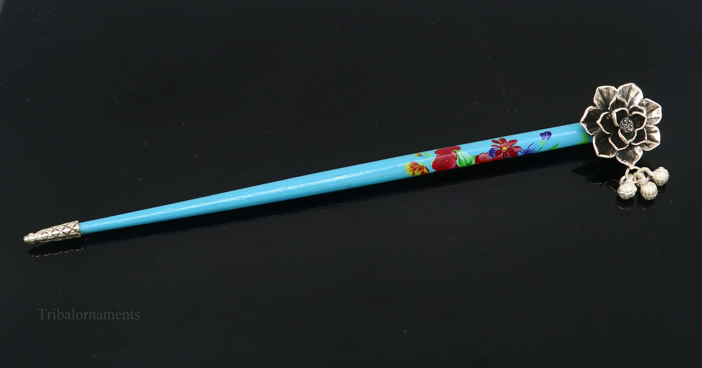 925 sterling silver customized rose flower design hair pin with wooden painted stick amazing hair jewelry brides gifting hc11 - TRIBAL ORNAMENTS