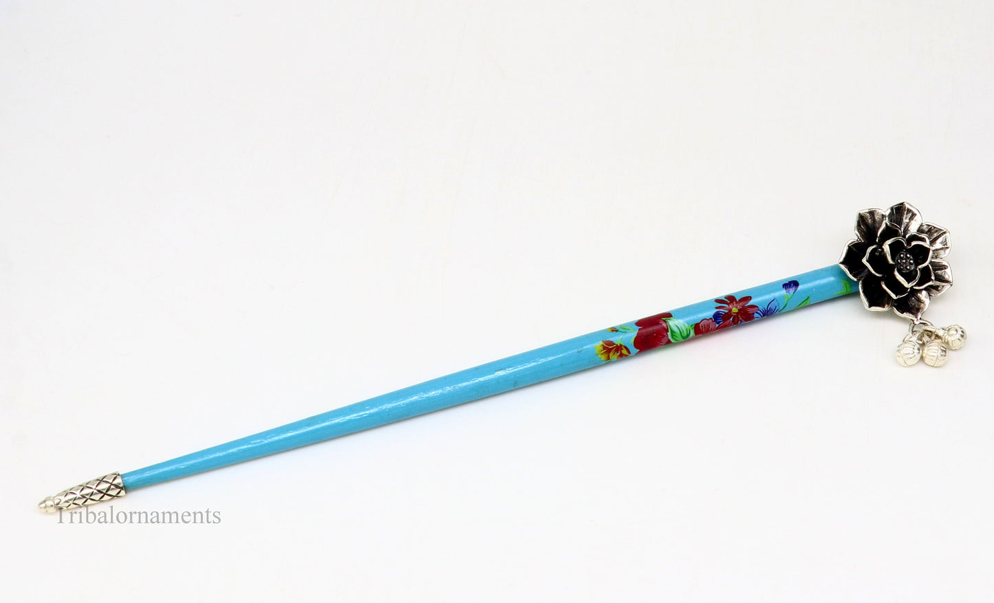 925 sterling silver customized rose flower design hair pin with wooden painted stick amazing hair jewelry brides gifting hc11 - TRIBAL ORNAMENTS
