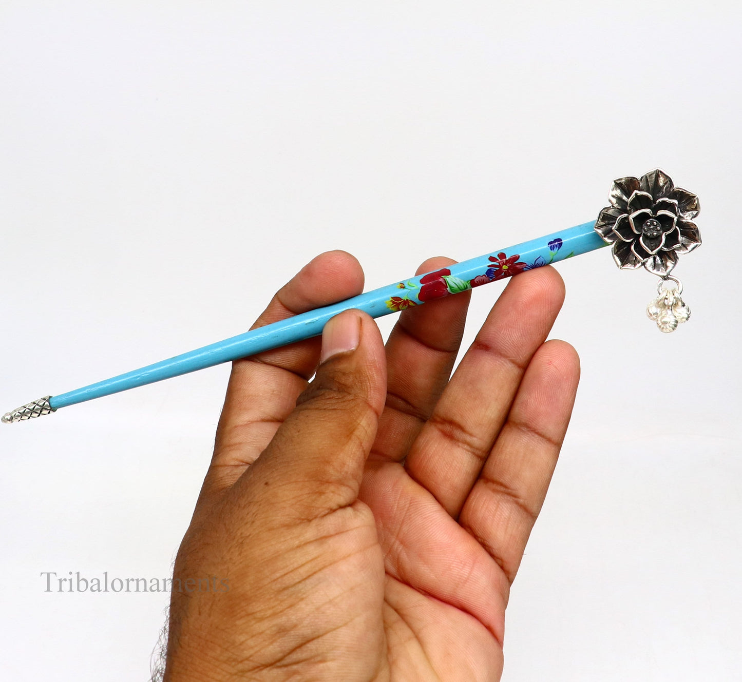 925 sterling silver customized rose flower design hair pin with wooden painted stick amazing hair jewelry brides gifting hc11 - TRIBAL ORNAMENTS