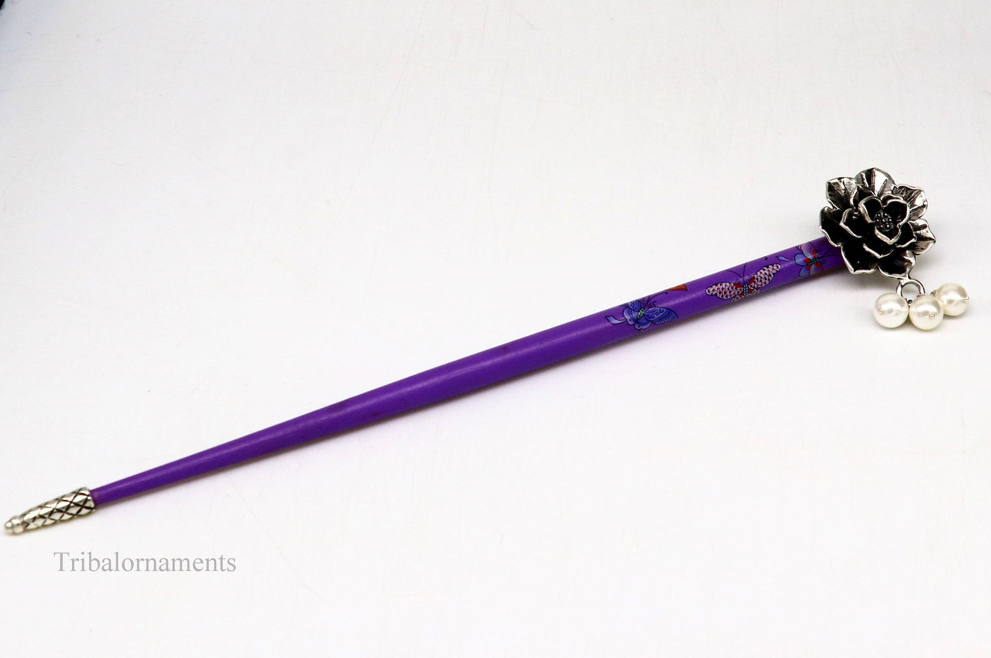 925 sterling silver customized rose flower design hair pin with wooden painted stick amazing hair jewelry brides gifting hc10 - TRIBAL ORNAMENTS