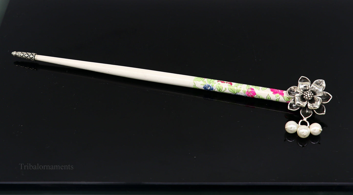 925 sterling silver customized rose flower design hair pin with wooden painted stick amazing hair jewelry brides gifting hc13 - TRIBAL ORNAMENTS