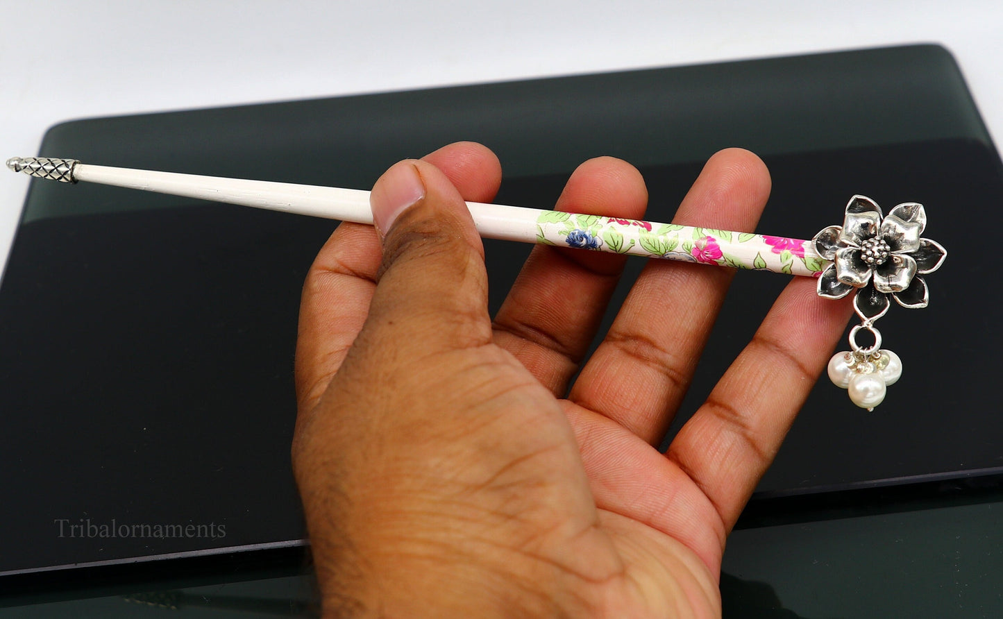 925 sterling silver customized rose flower design hair pin with wooden painted stick amazing hair jewelry brides gifting hc13 - TRIBAL ORNAMENTS