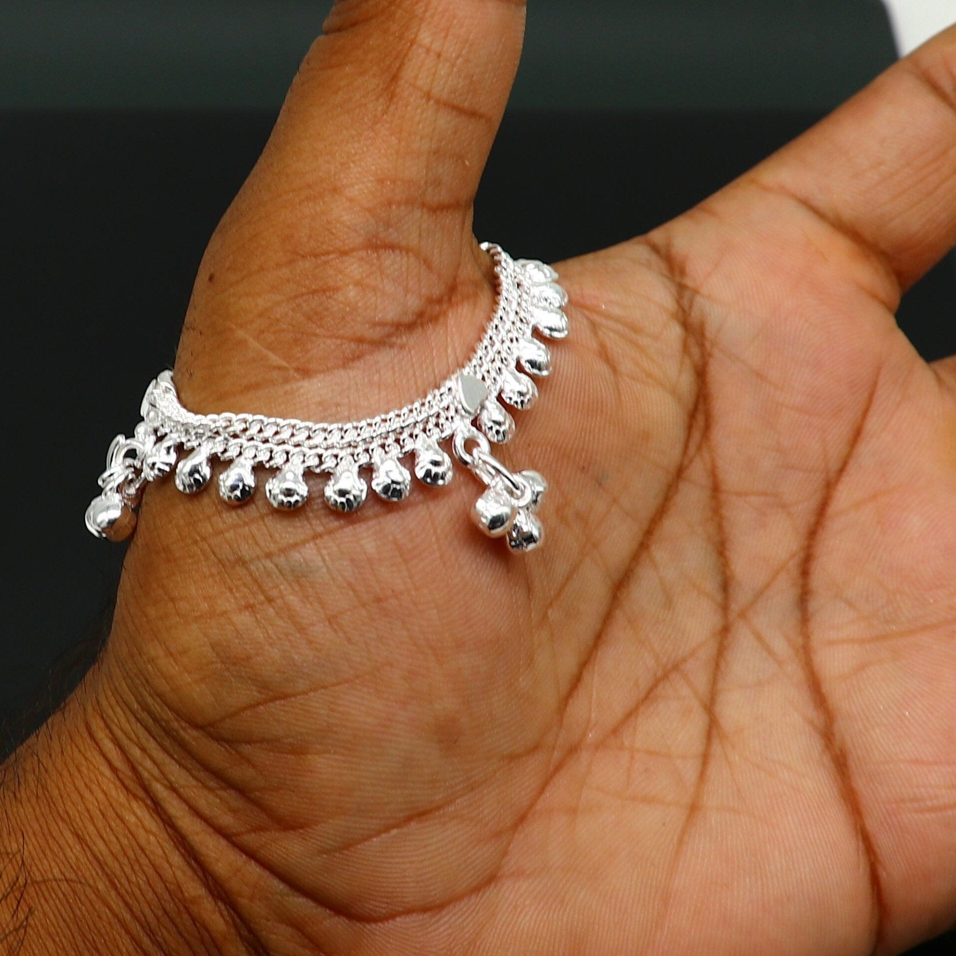 5.0" long handmade Sterling silver amazing vintage style ankle bracelet new born baby anklet noisy sound bells charm anklets jewelry ank418 - TRIBAL ORNAMENTS