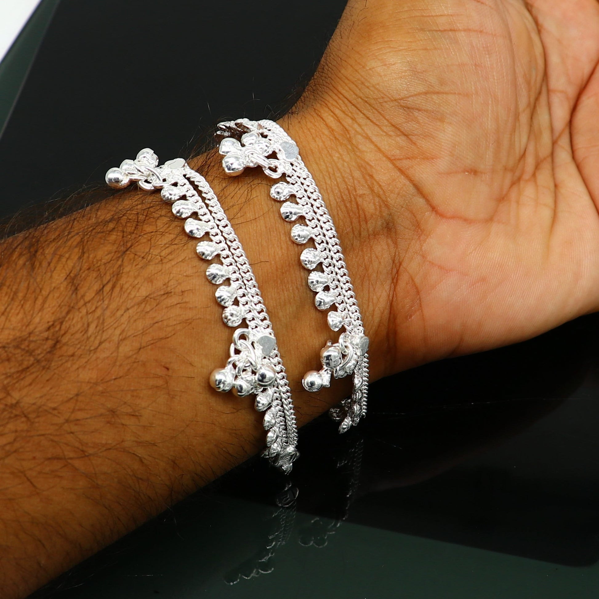 5.0" long handmade Sterling silver amazing vintage style ankle bracelet new born baby anklet noisy sound bells charm anklets jewelry ank418 - TRIBAL ORNAMENTS